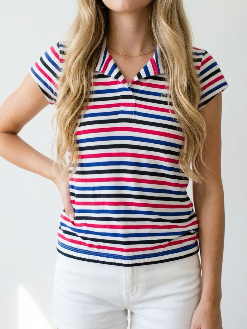 Lacoste Women’s Striped Polo in White, Navy & Pink - 100% Cotton